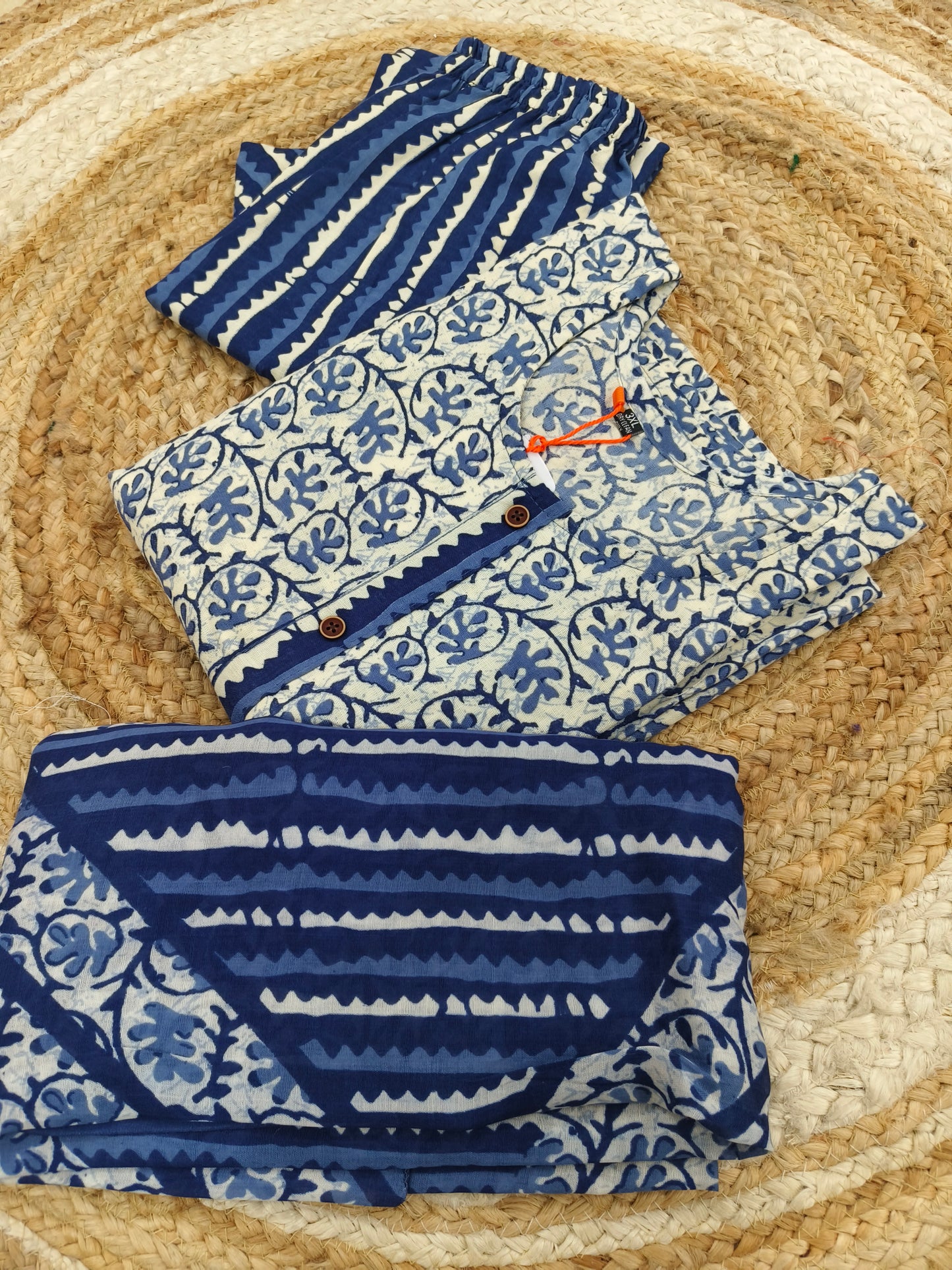White with Blue Cotton sets with duppatta