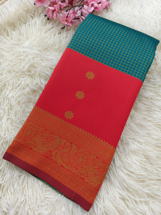 Rama Green with red semi silk saree