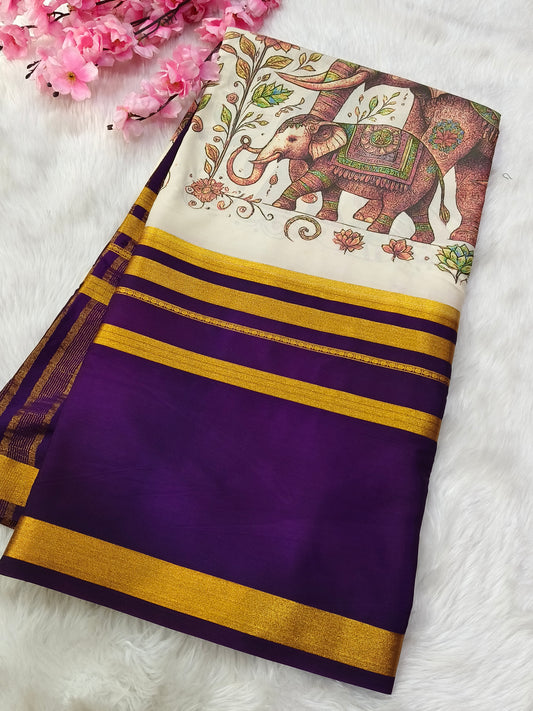 Purple elephant Digital printed semi Mysore crepe silk saree