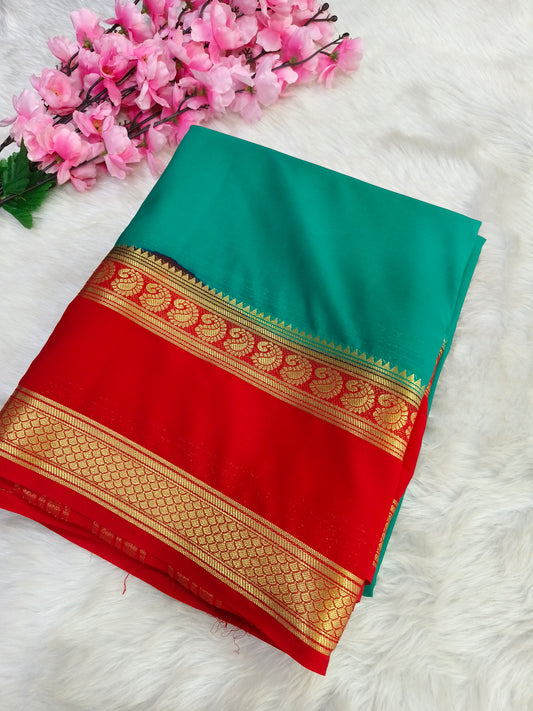 Sea green with red semi Mysore crepe silk saree