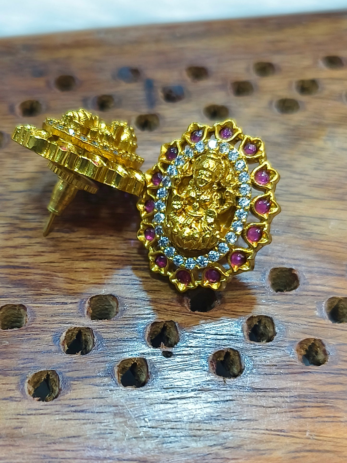 Ruby stone Lakshmi gold plated stud
