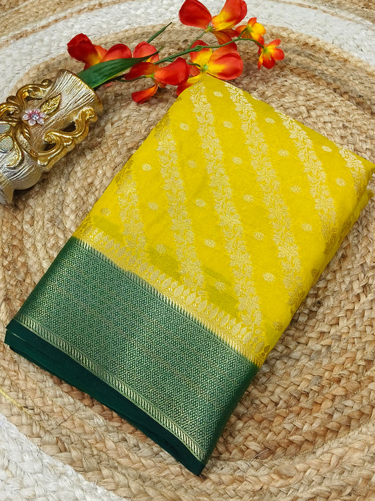 Lemon yellow with green Banarasi Georgette silk saree