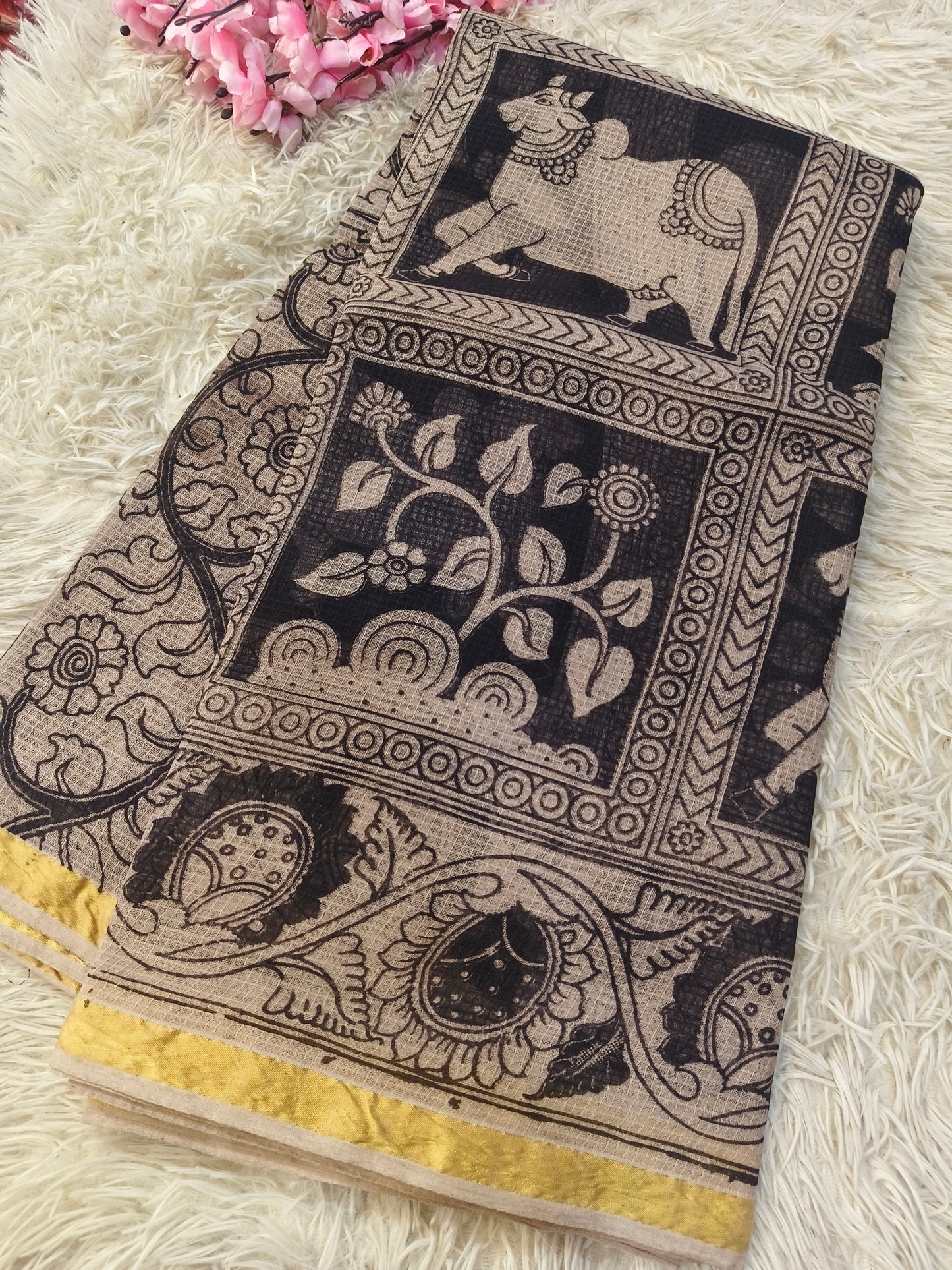 Black kota cotton Kalamkari saree