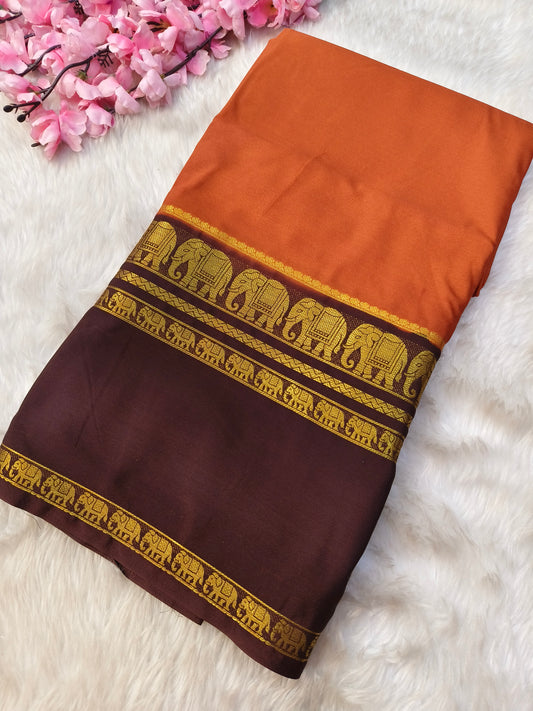 Orange with Brown semi Mysore crepe silk saree