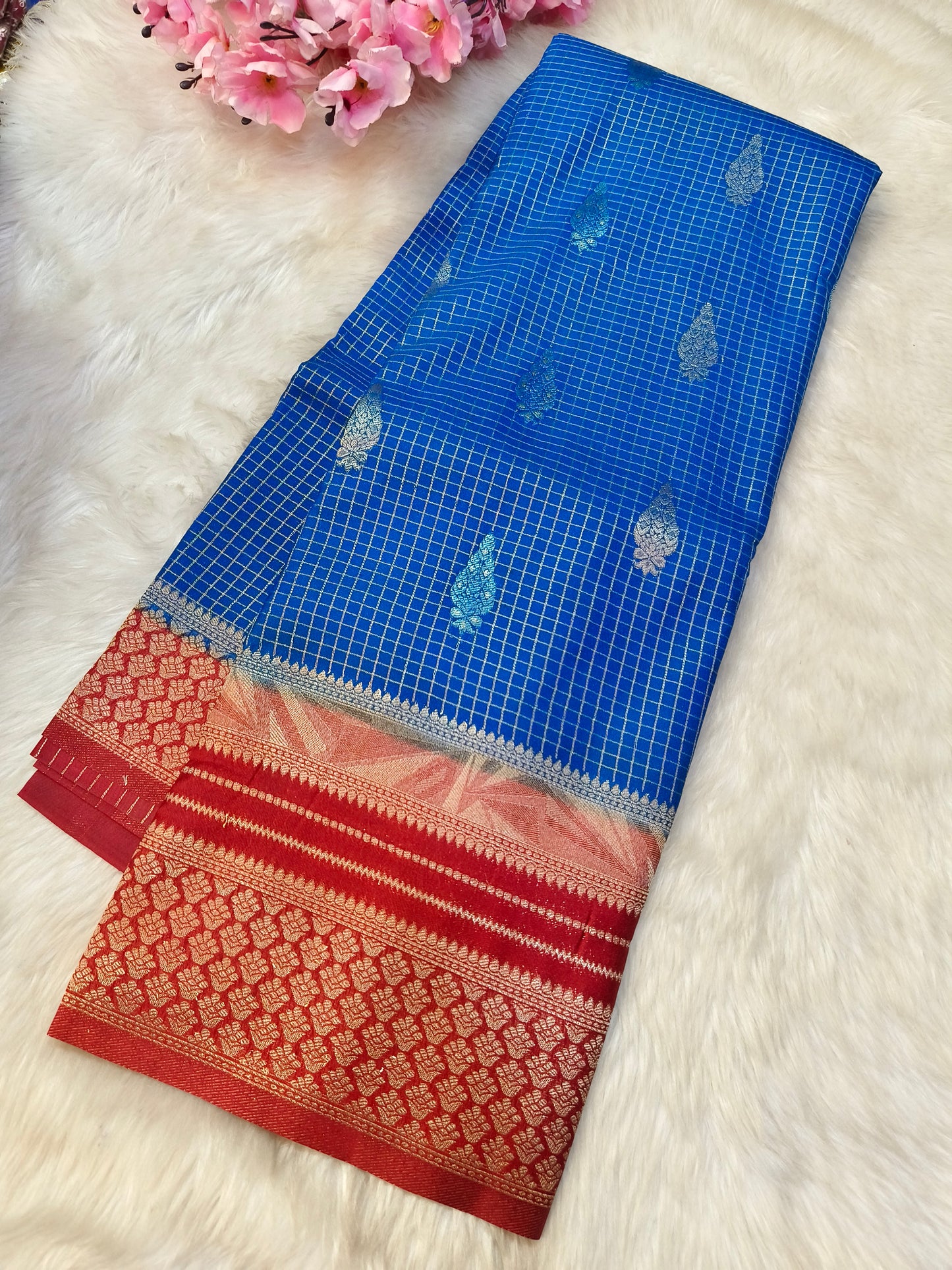 Blue with Red semi Mysore silk saree
