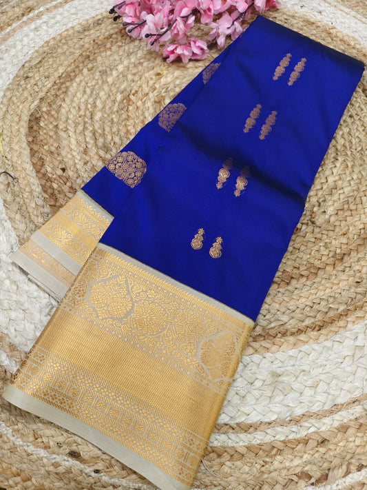 Blue With Cream Elegant  soft semi kanjivaram silk saree