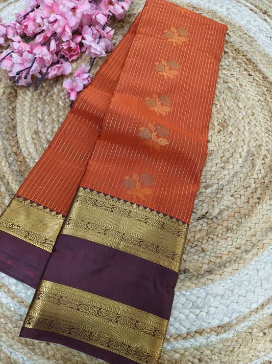 Rustic Orange with brown Elegant  soft semi kanjivaram silk saree