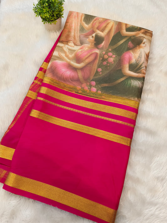 Ranipink printed semi Mysore crepe silk saree