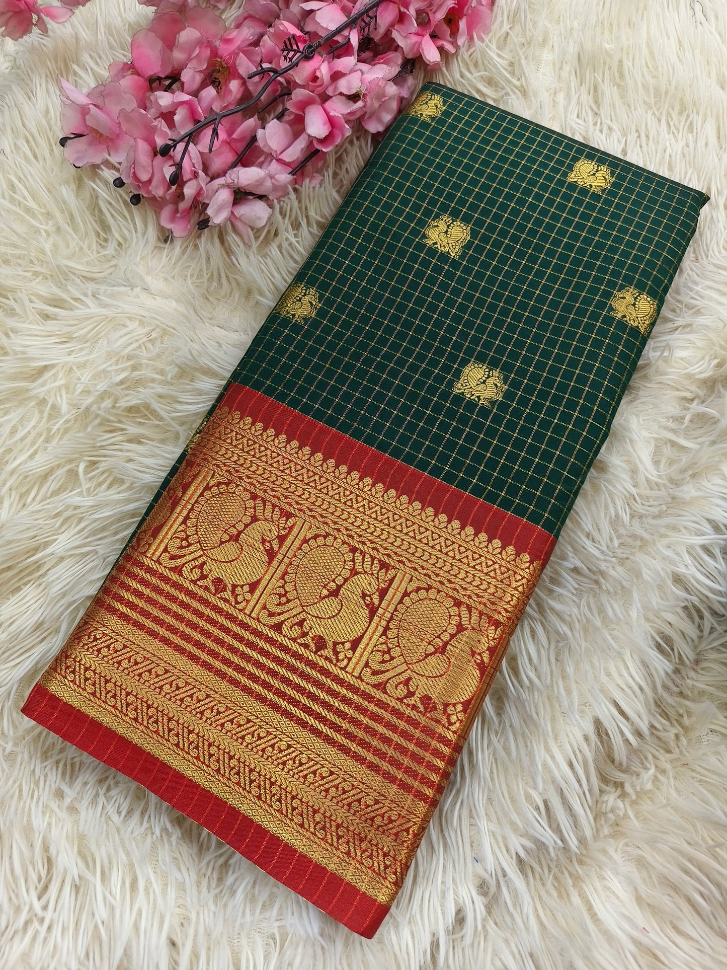Green with Red semi silk saree