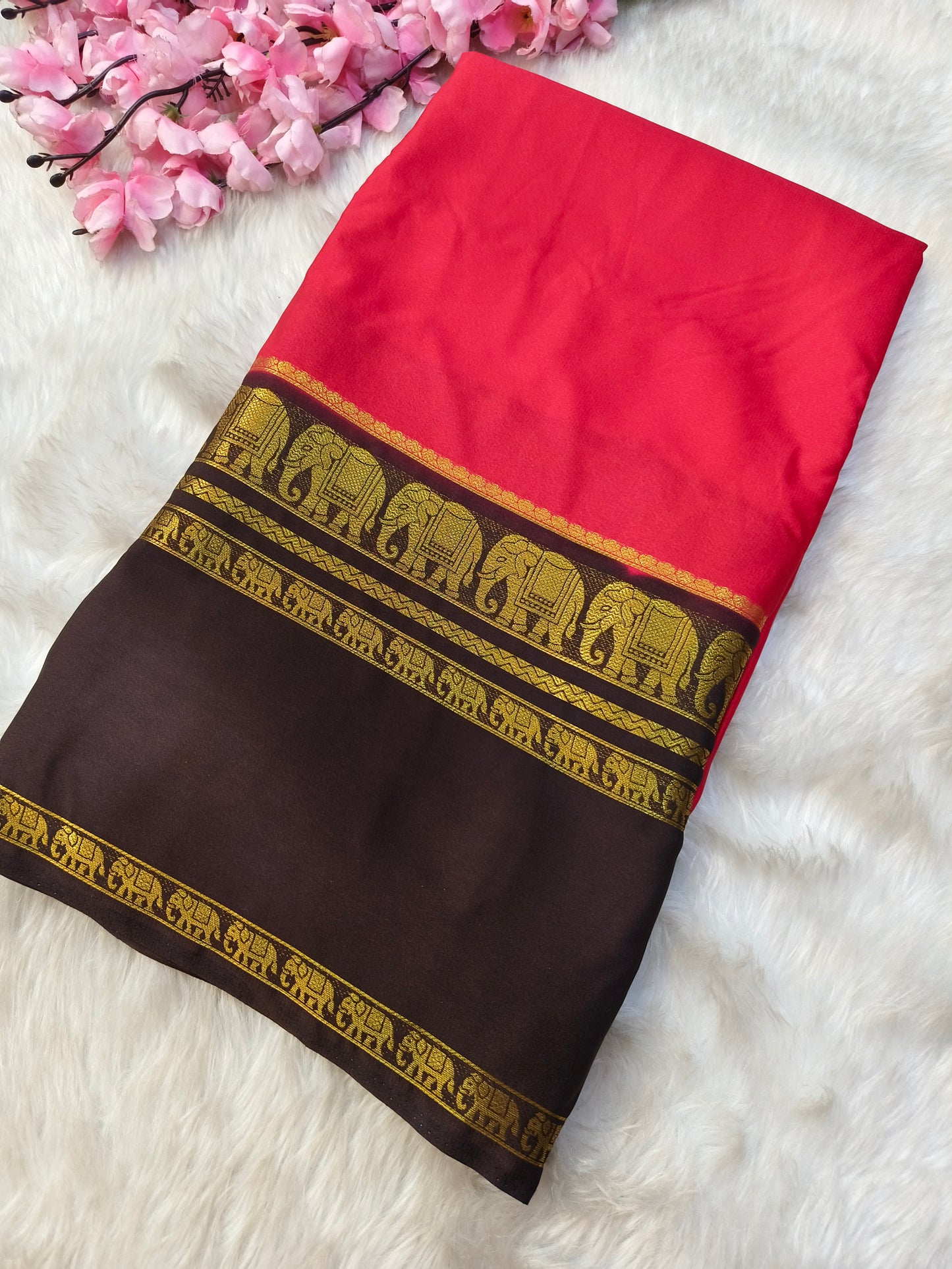 Red with Brown semi Mysore crepe silk saree