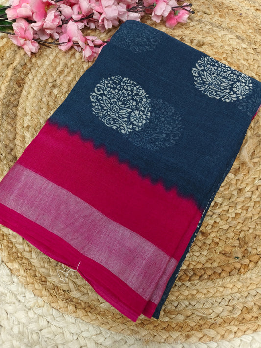 Dark grey with pink Lenin Cotton saree
