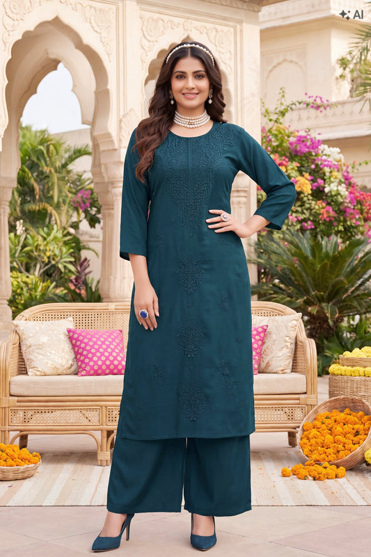 Peacock blue chikan work dress