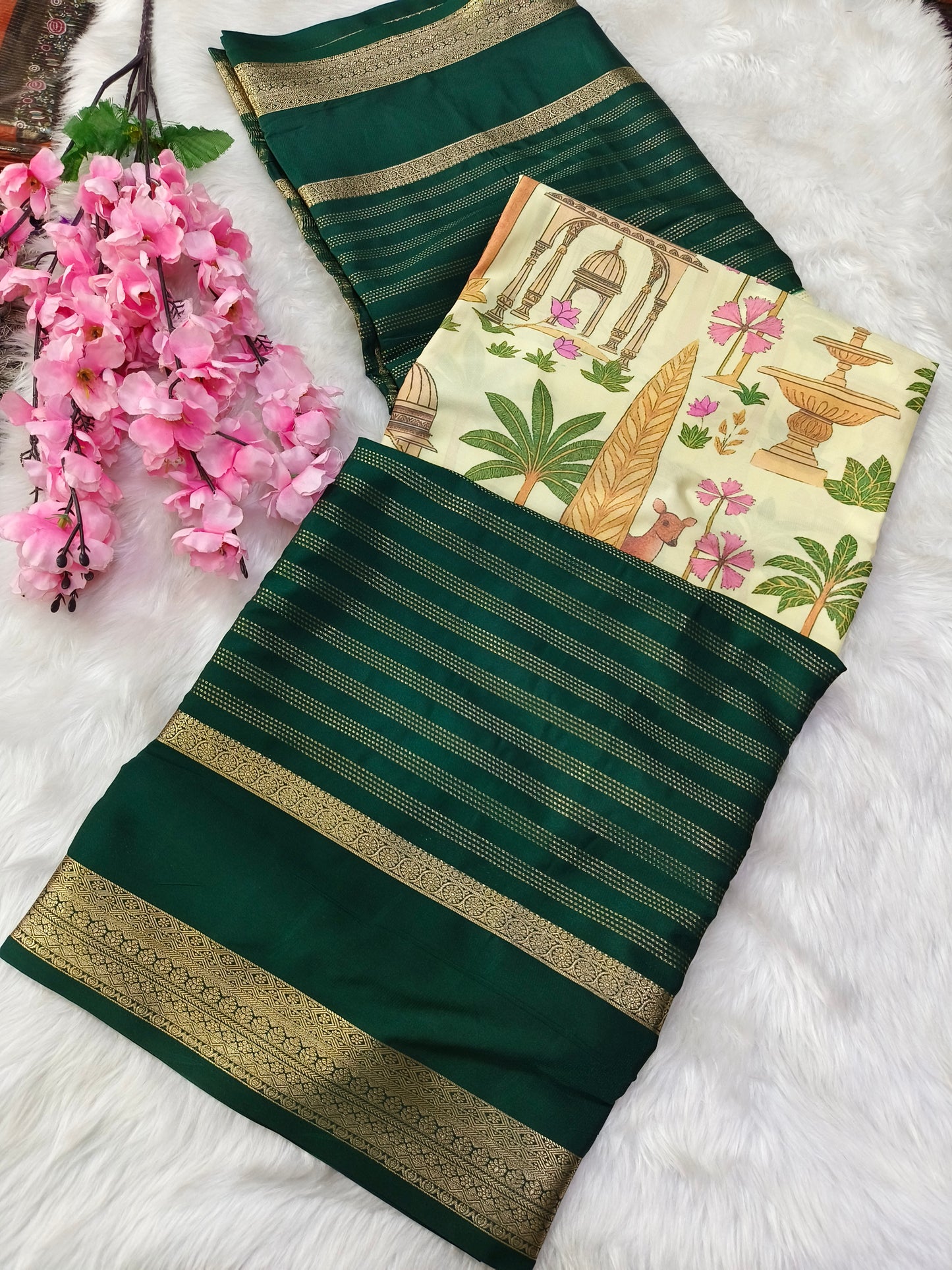 Bottle Green Digital printed semi Mysore crepe silk saree