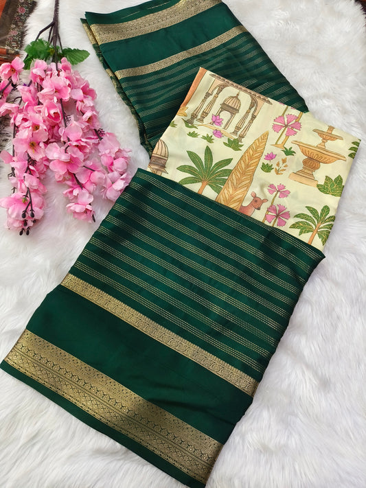 Bottle Green Digital printed semi Mysore crepe silk saree