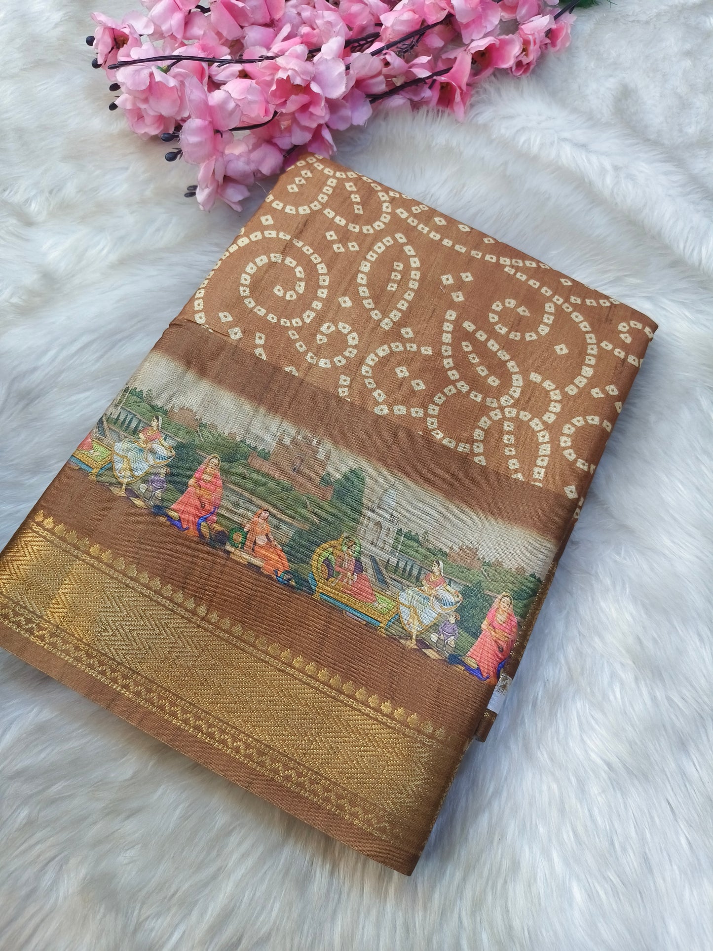Mustard yellow  printed silk saree