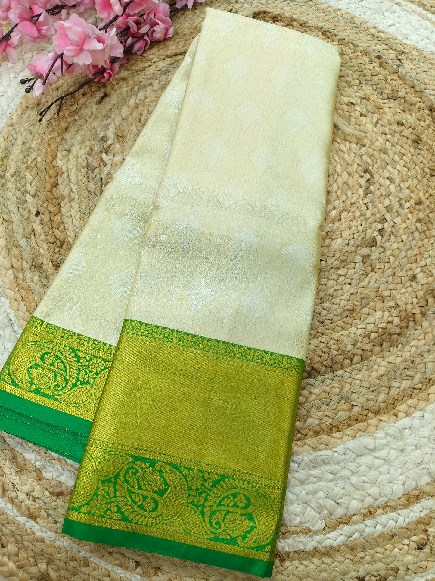 Light Gold  with Green soft silk saree