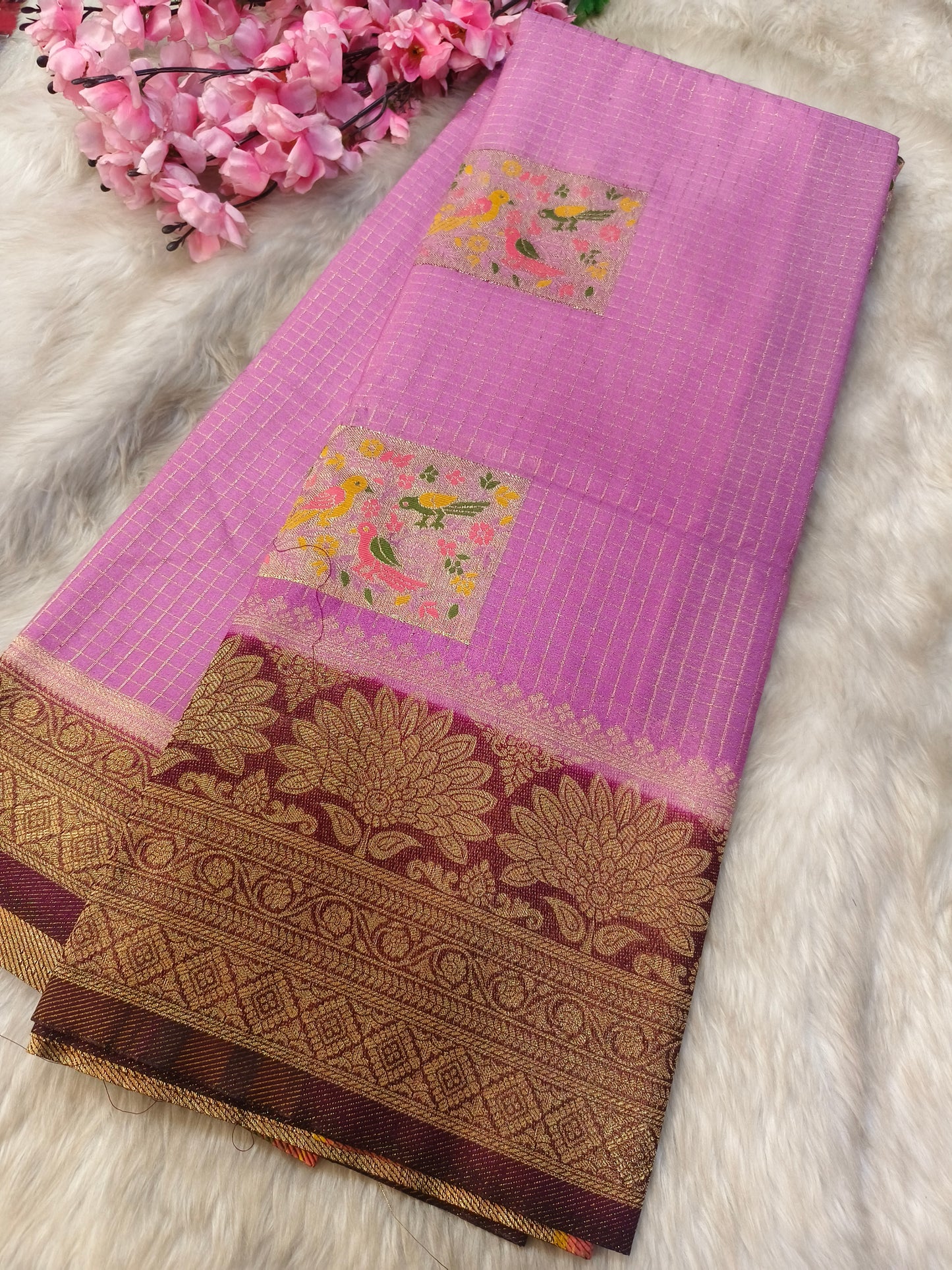 Pink with wine semi Mysore crepe silk saree