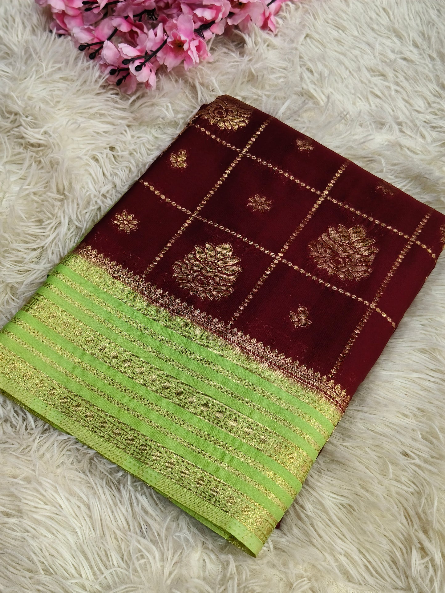 Marron With Pink Semi Mysore crepe  georgette silk saree