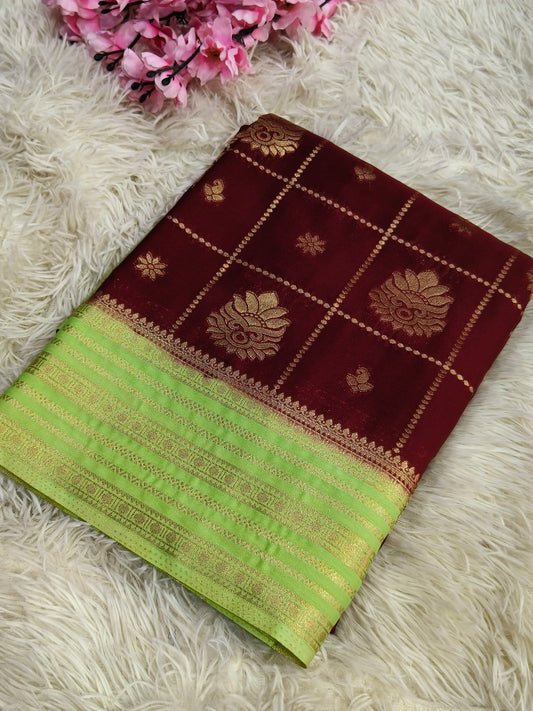 Marron With Pink Semi Mysore crepe  georgette silk saree