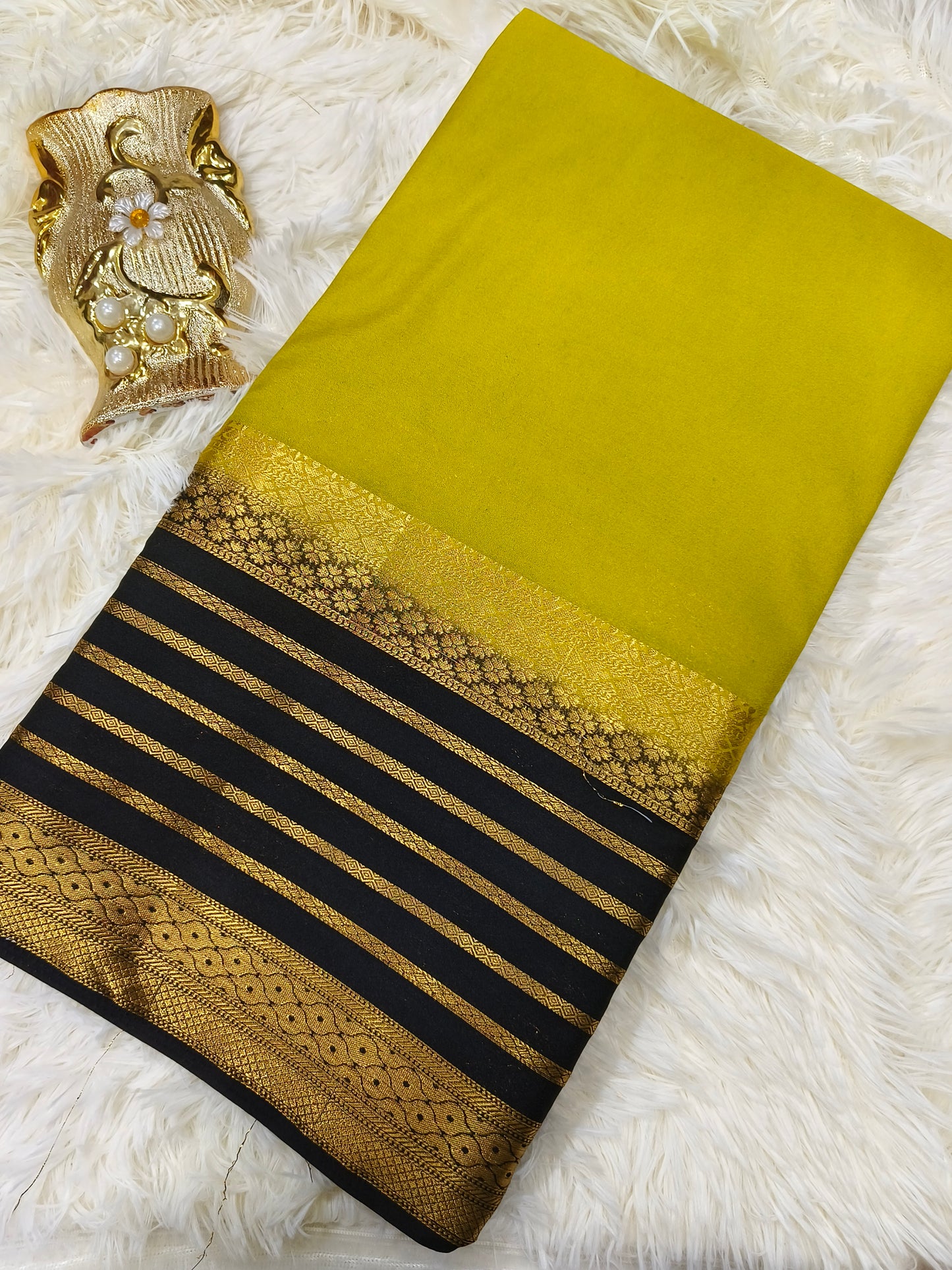 GREENISH YELLOW SEMI MYSORE CREPE SILK