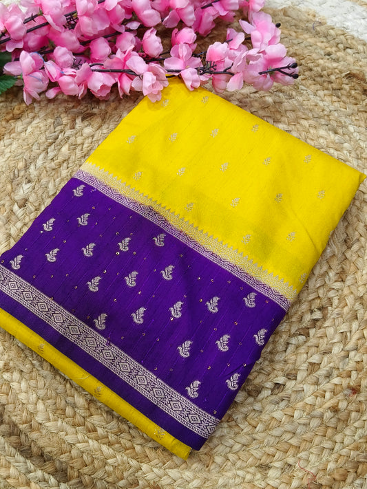 Yellow with purple semi silk sarees