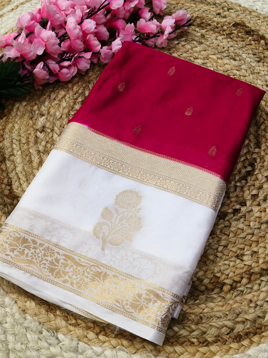 Pink with white semi Mysore crepe silk saree