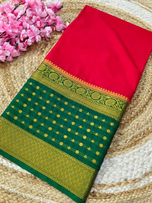 Red with bottle green semi Mysore crepe silk saree