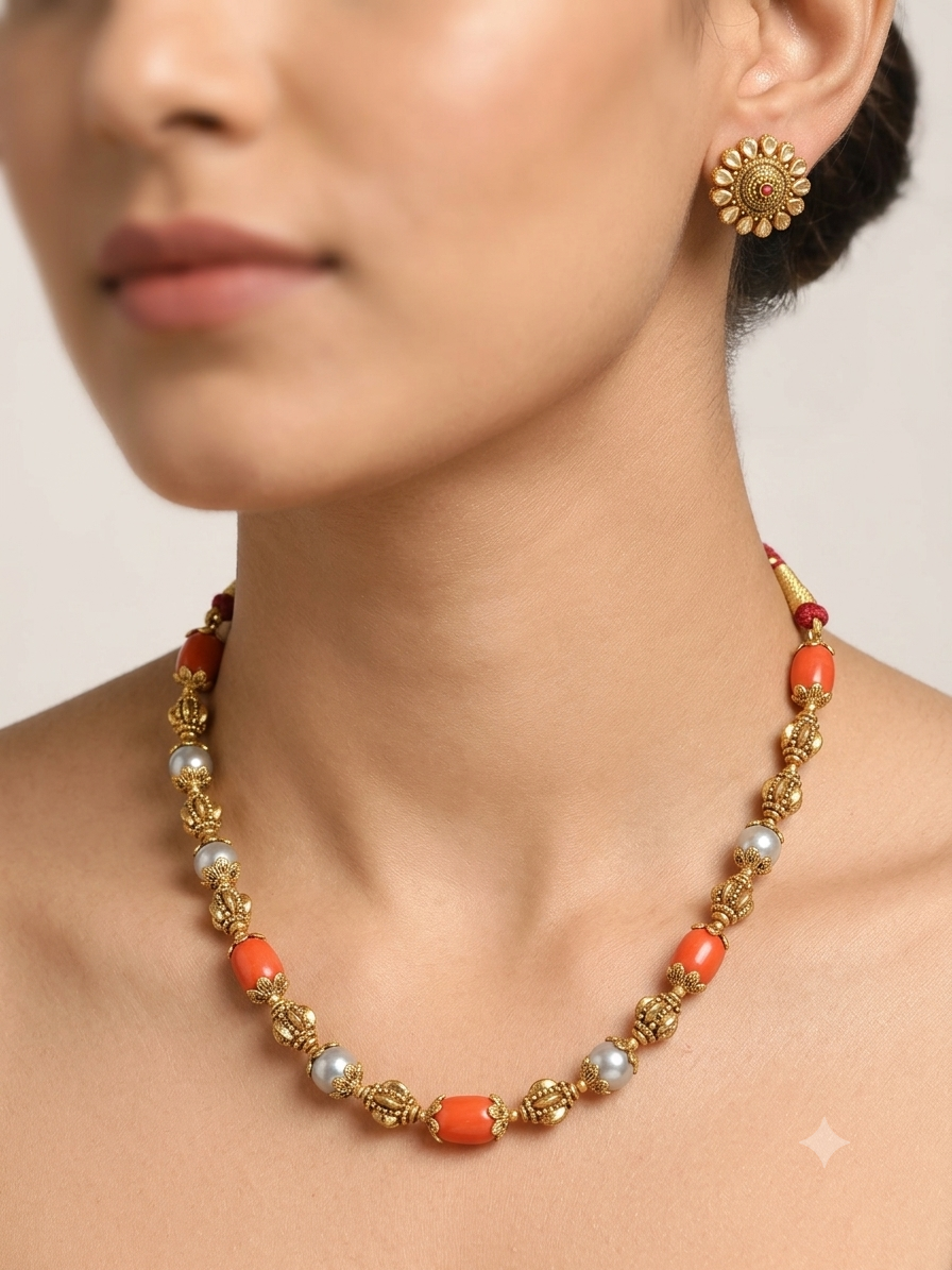 Antique Coral & Pearl Beads Gold Jewelry Set