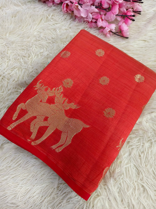 Orange  semi Tusser silk saree