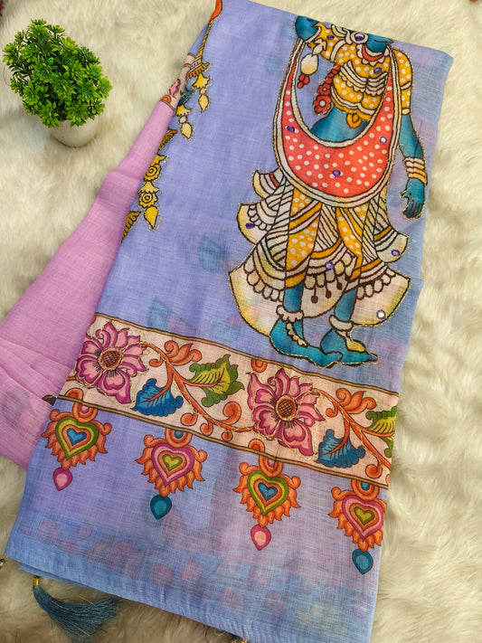 Lavender with light Pink Linen cotton Kalamkari saree