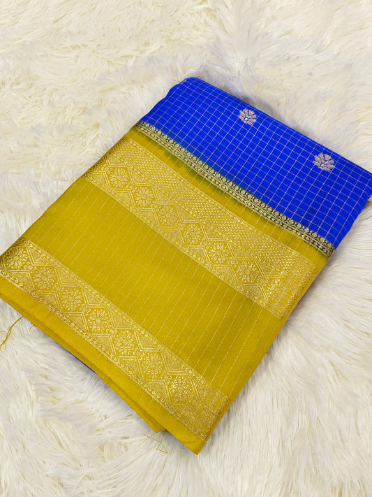 2D CHEX ROYAL BLUE COLOR SEMI MYSORE CREPE SILK