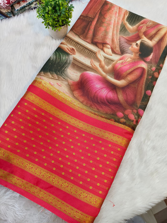 Peach printed semi Mysore crepe silk saree