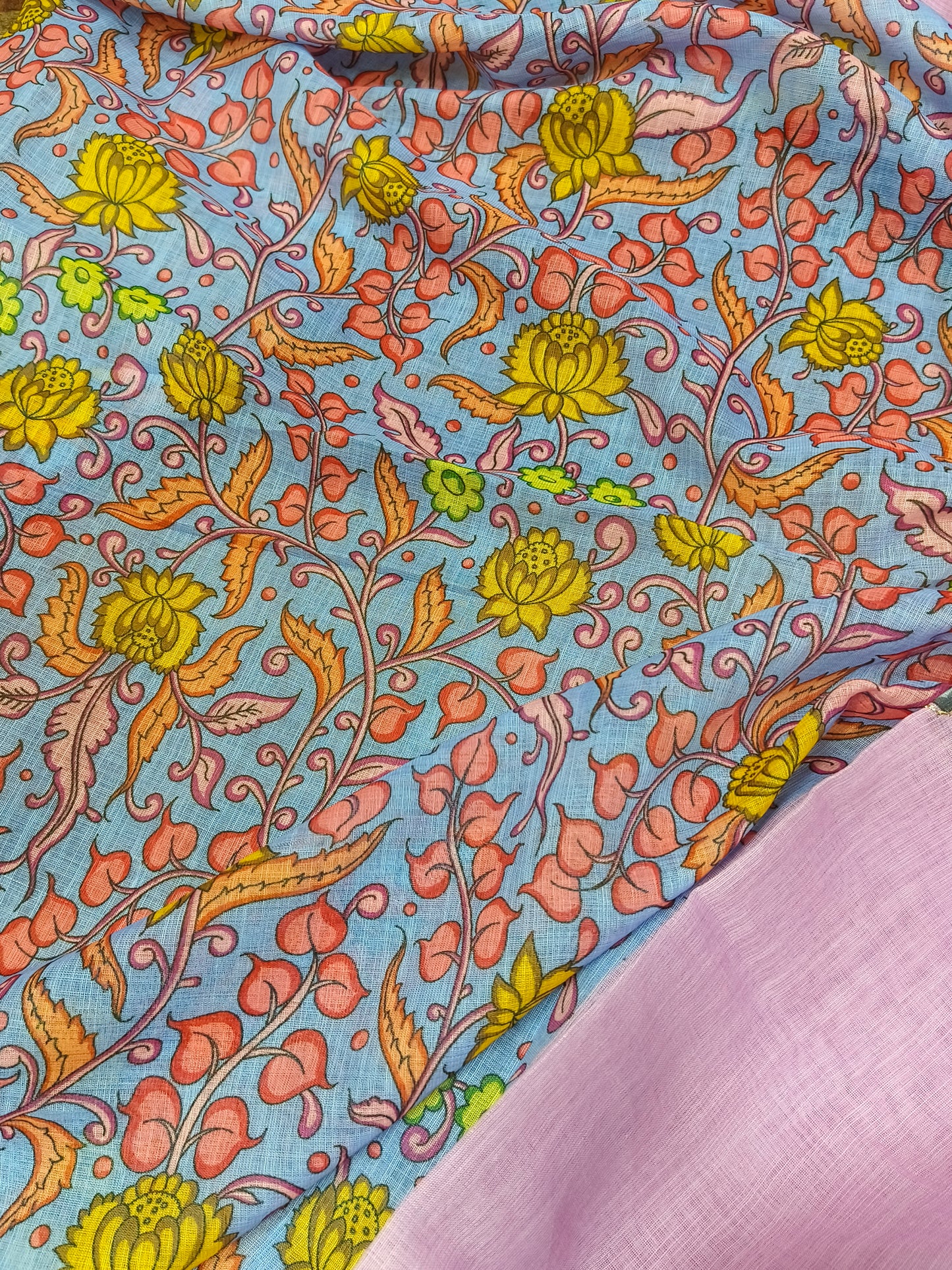 Lavender with light Pink Linen cotton Kalamkari saree
