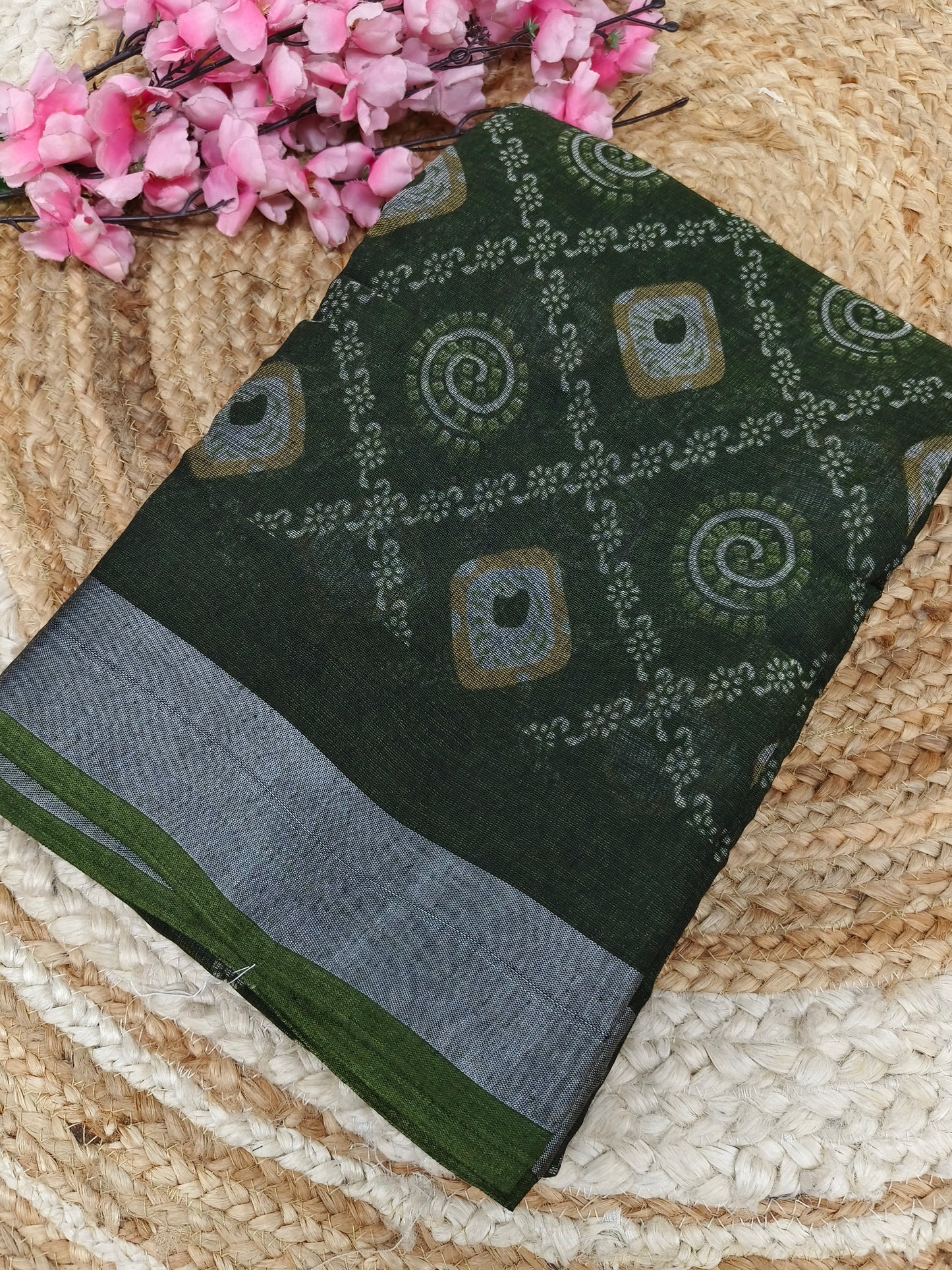 Dark Green  - Black Lenin Cotton saree