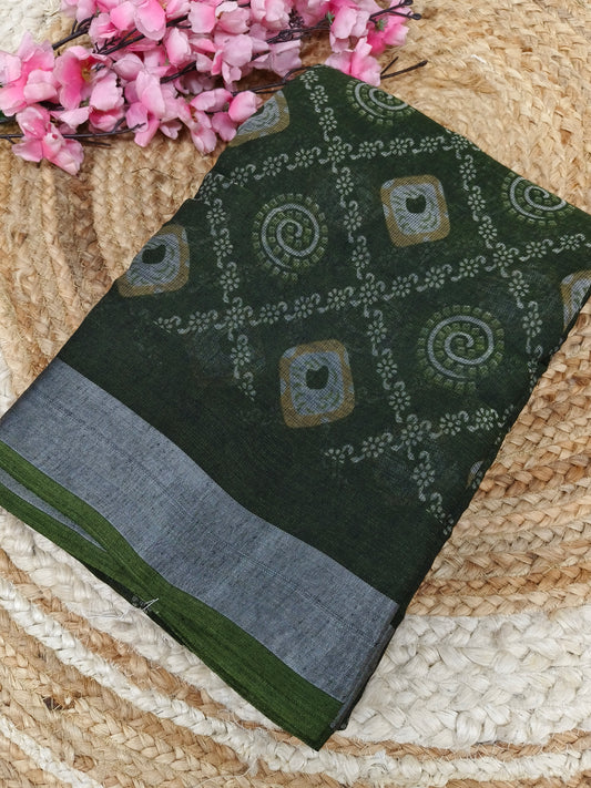 Dark Green  - Black Lenin Cotton saree