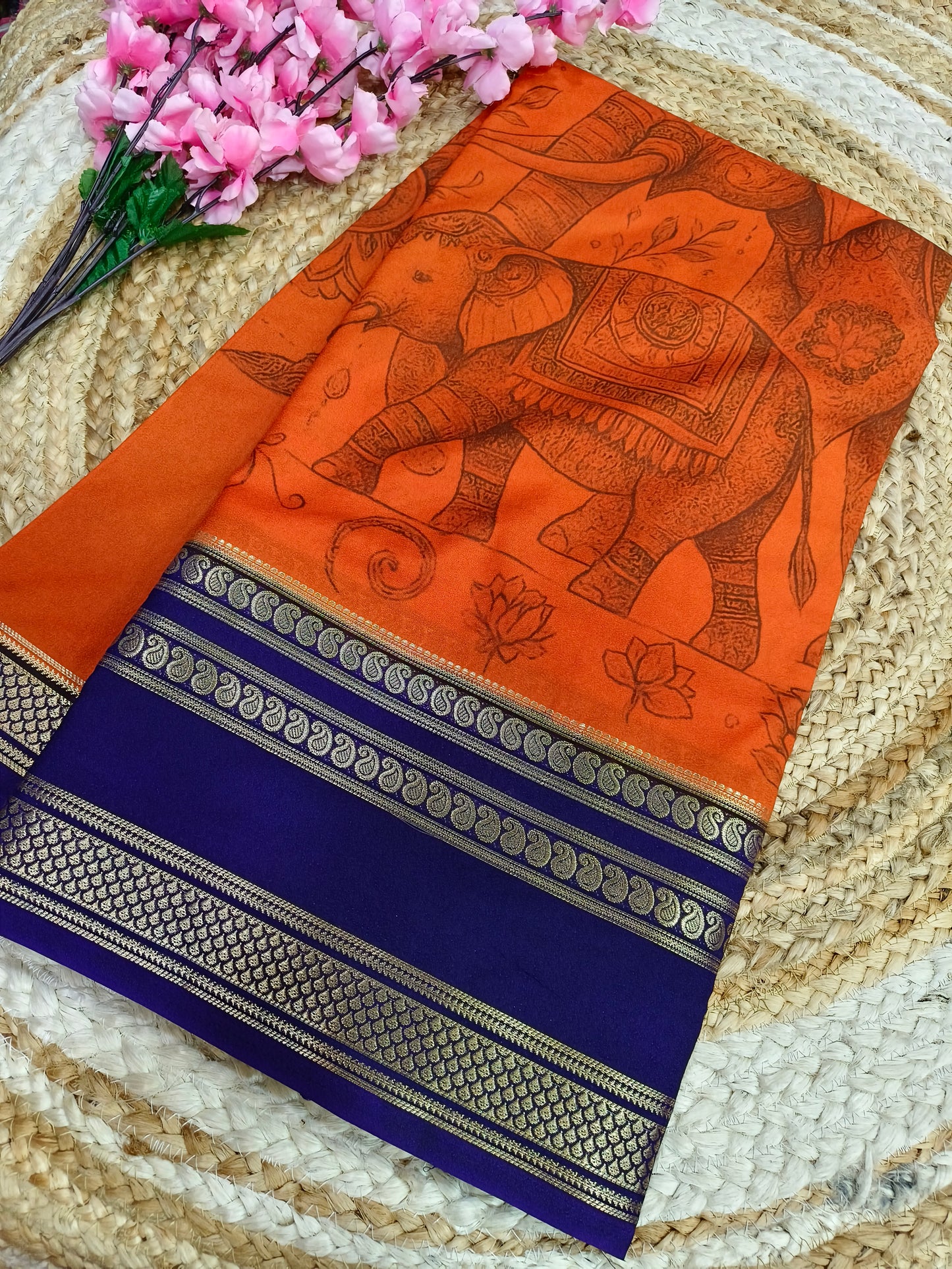 Orange with Purple Digital printed semi Mysore crepe silk saree