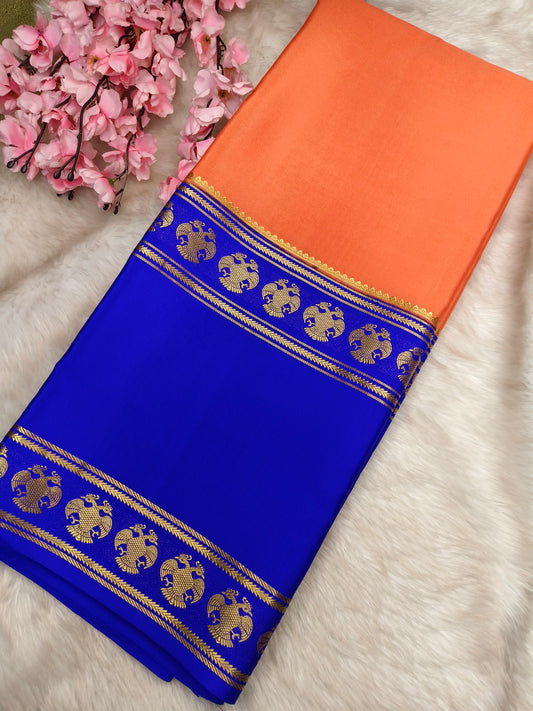 Orange with royal blue pure crepe silk saree