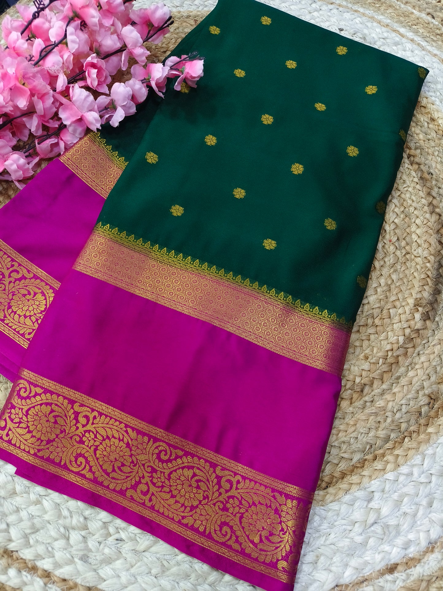 Bottle Green with Pink semi Mysore crepe silk saree
