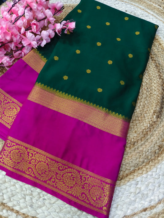 Bottle Green with Pink semi Mysore crepe silk saree