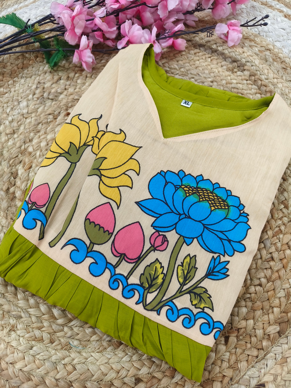 Green Floral Kalamkari Style A-Line Kurti