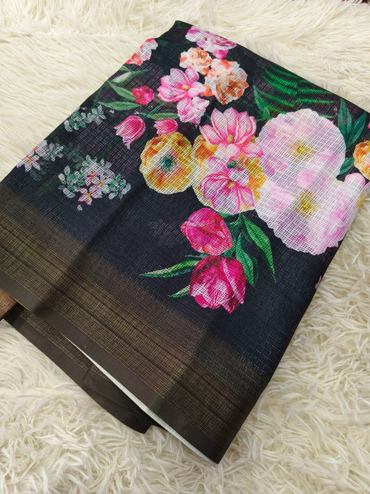 Black Lenin silk  Saree