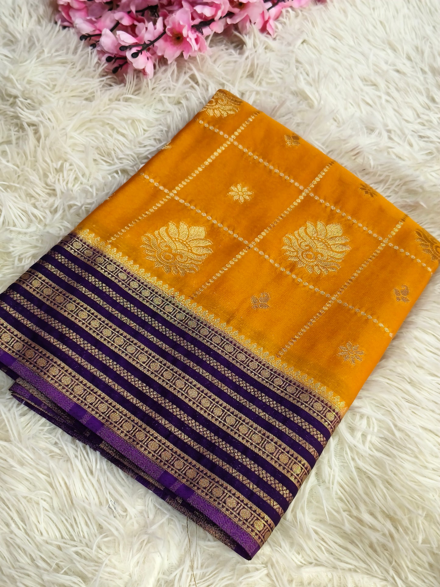 Mustard With Purple semi Mysore crepe  georgette silk saree