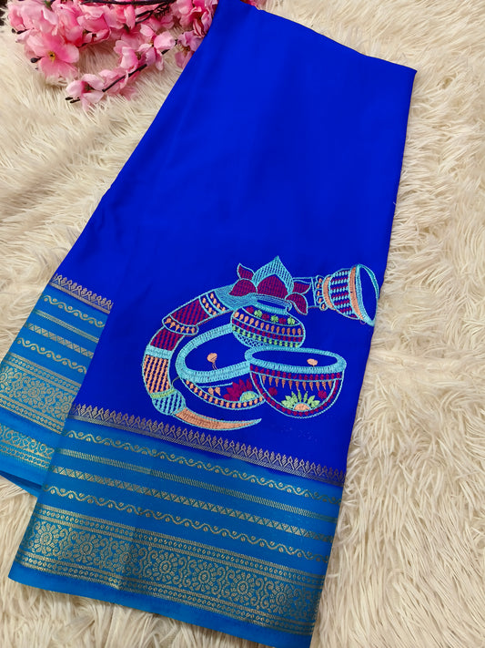 Royal blue with sky blue Semi Mysore crepe Silk saree