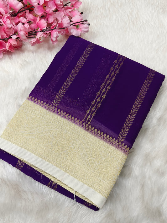 Purple with white semi Mysore crepe silk saree