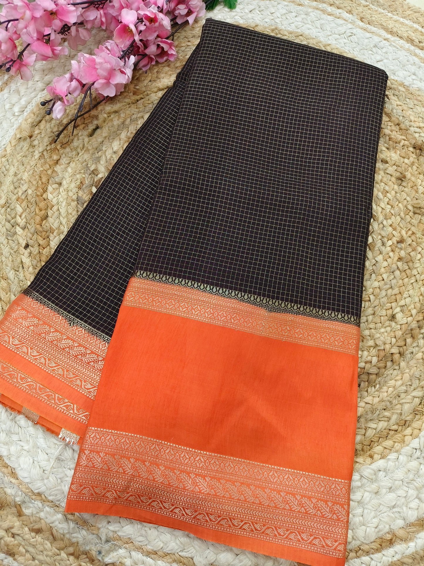 Black with orange viscose silk saree
