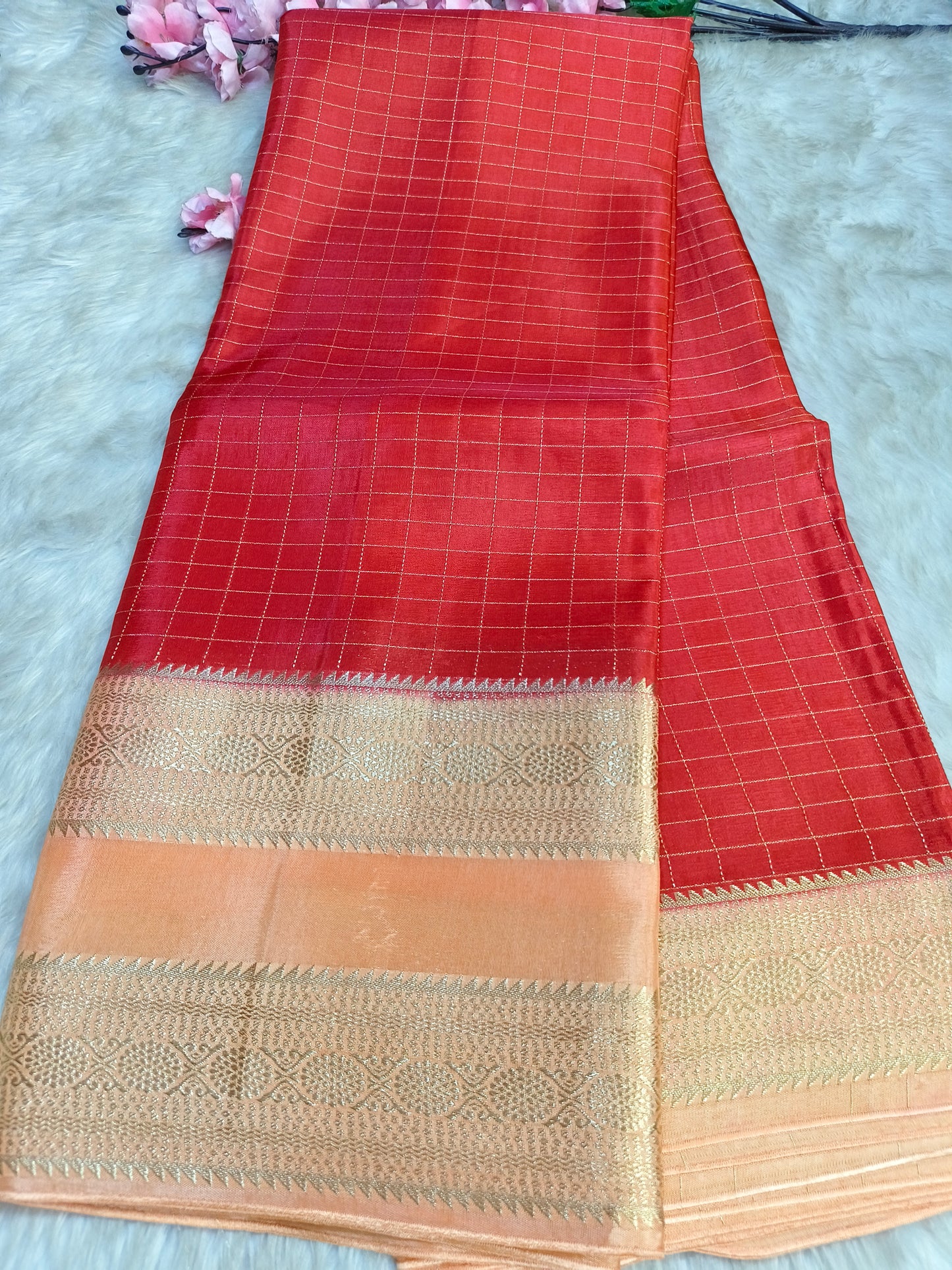 Red with peach Munga silk saree
