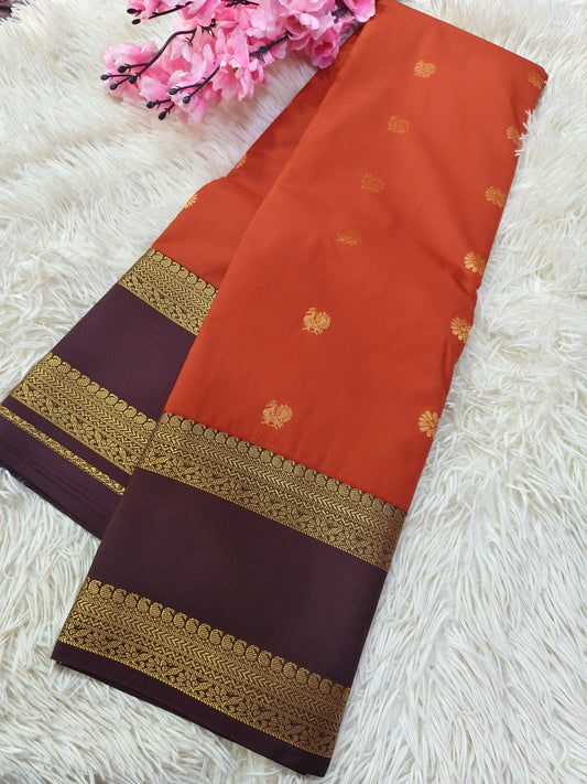 Rustic Orange With Brown Semi kanjivaram silk saree