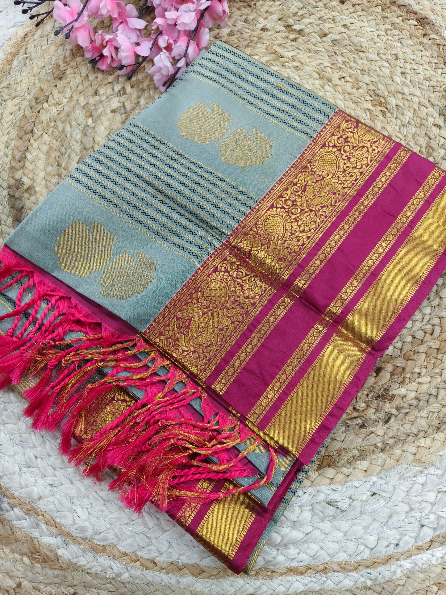 Gray With Pink Elegant soft semi kanjivaram silk saree