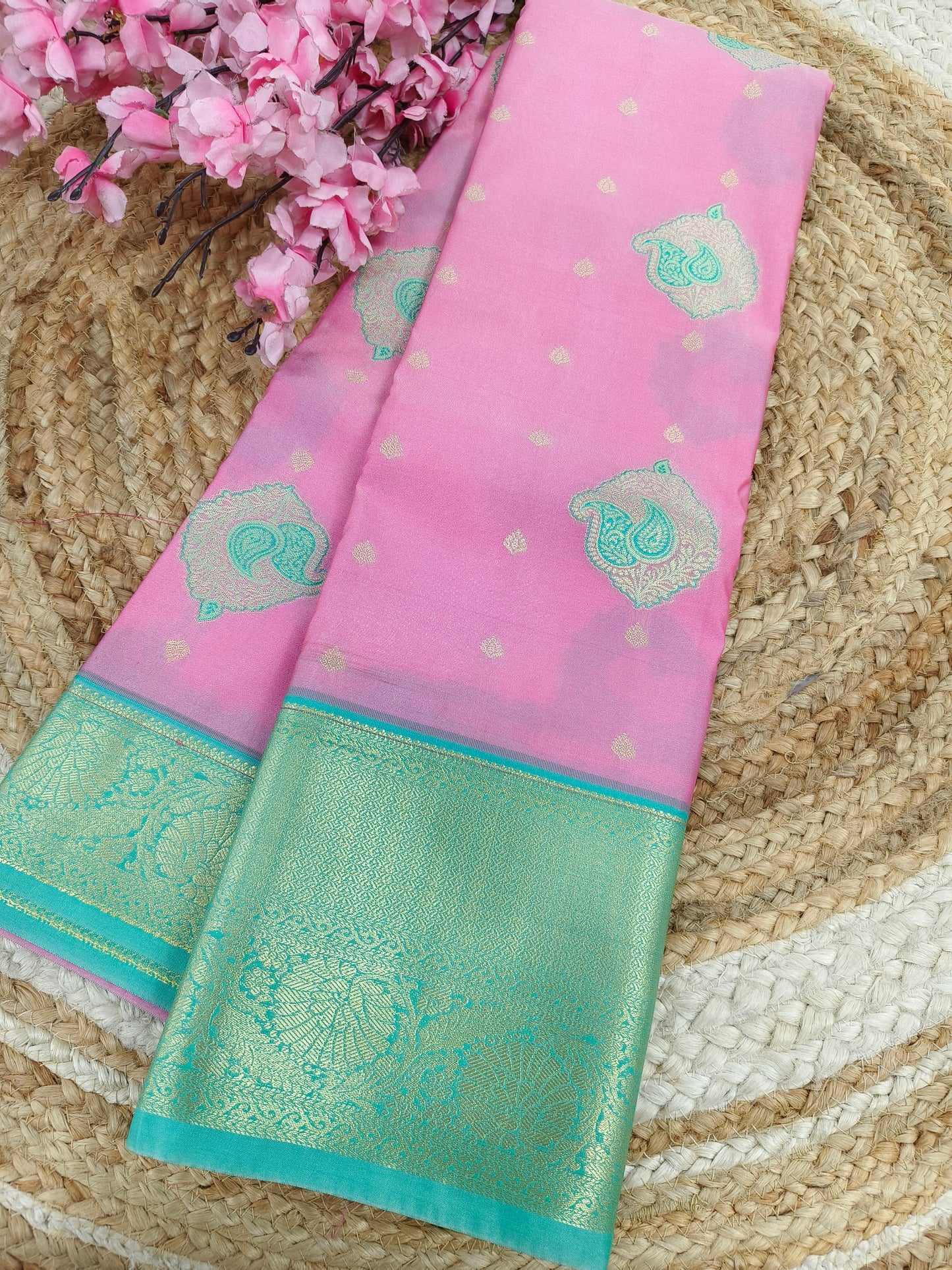 Pink with sea Green Elegant semi kanjivaram silk saree
