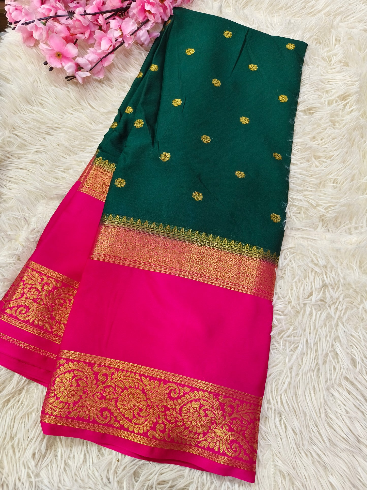 bottle green with pink Semi Mysore crepe silk saree